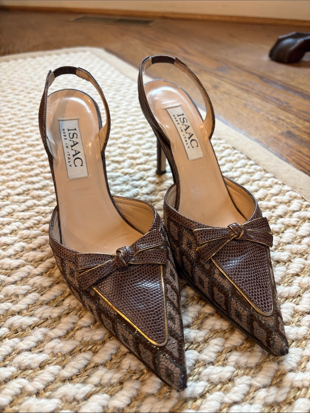 Isaac Mizrahi Brown Snake-Print Pointed Toe Slingback Heels with Knot Detail